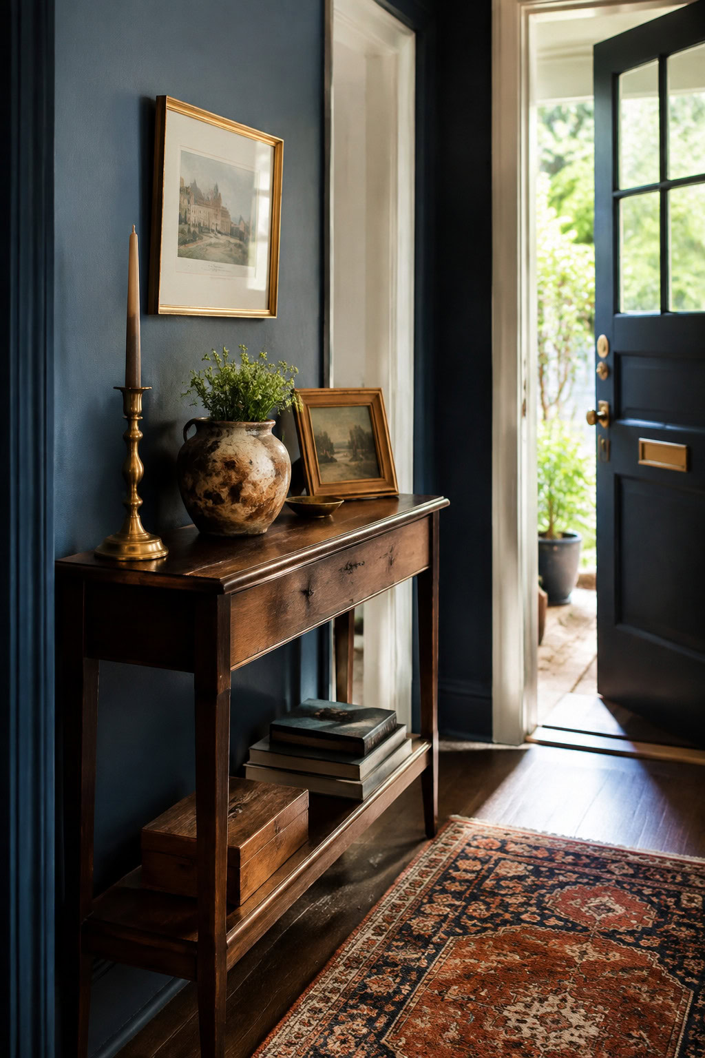 Narrow console displaying carefully chosen vintage finds