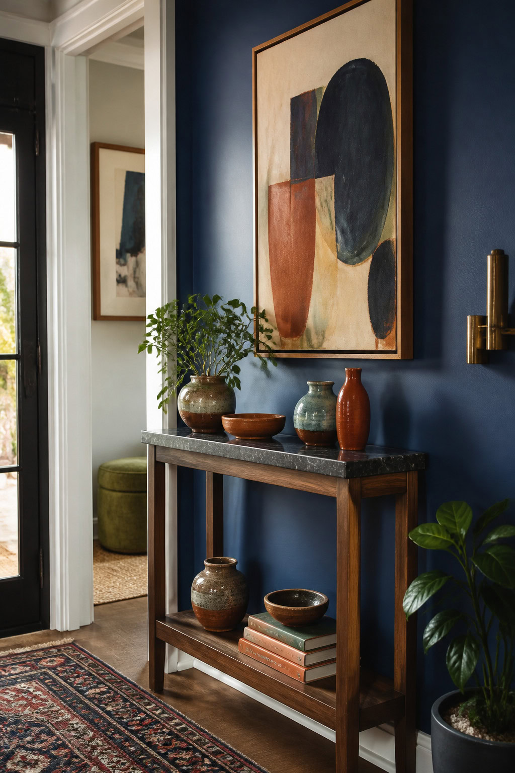 Narrow console with a personal-touch decor display