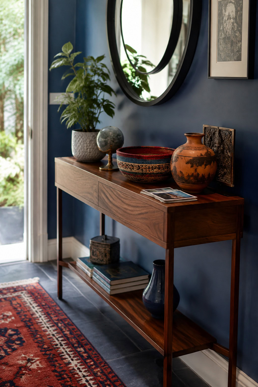 Narrow console displaying colorful travel souvenirs