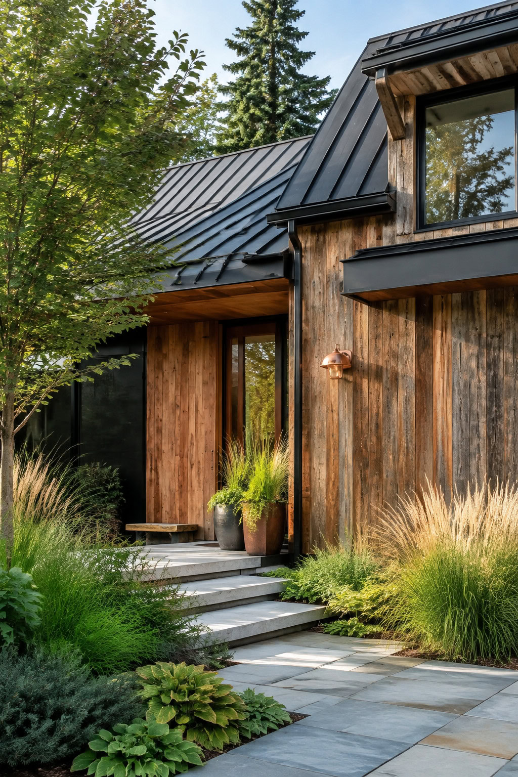 Contemporary house exterior featuring reclaimed wood cladding