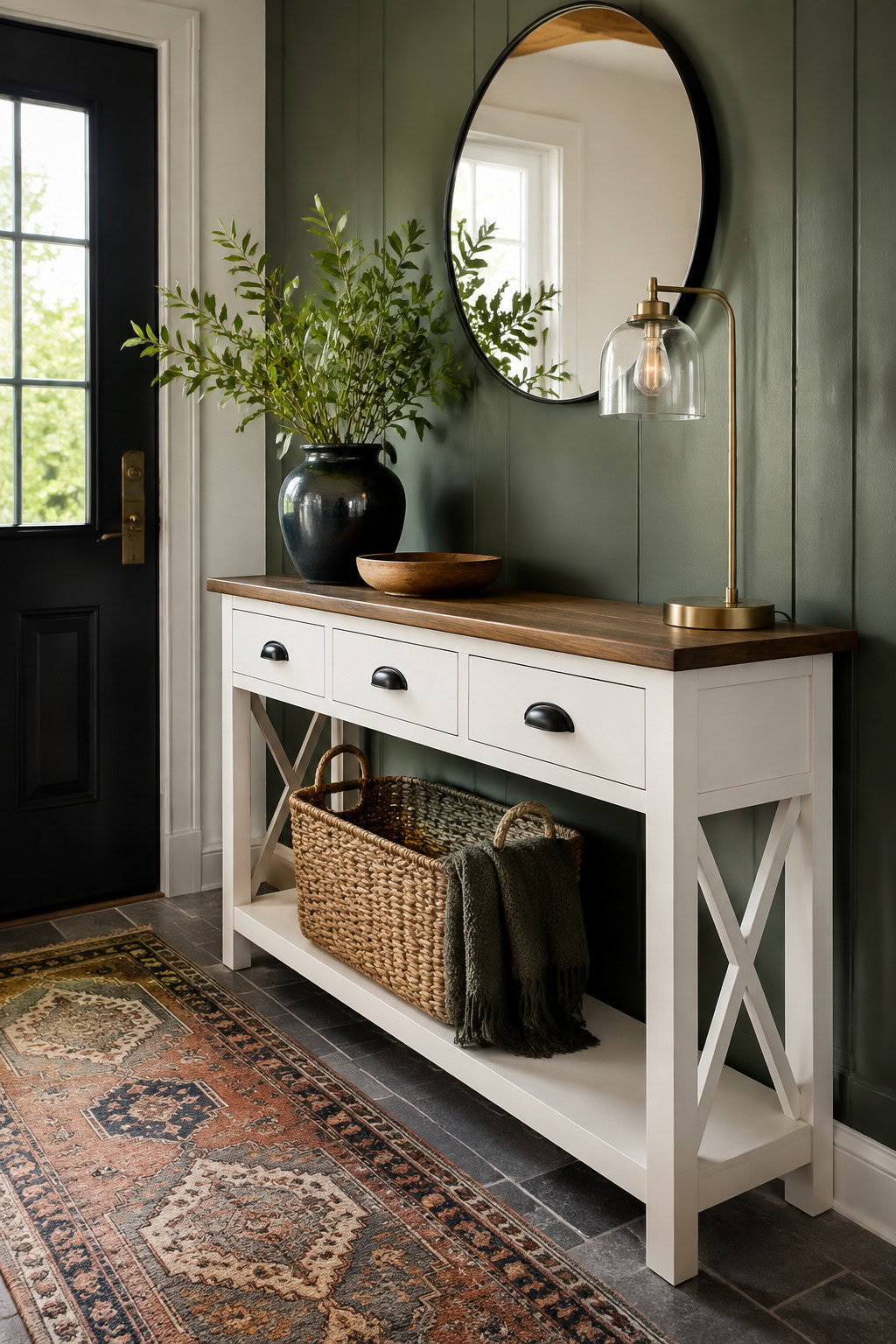 Modern farmhouse narrow console with white cabinet and wood top