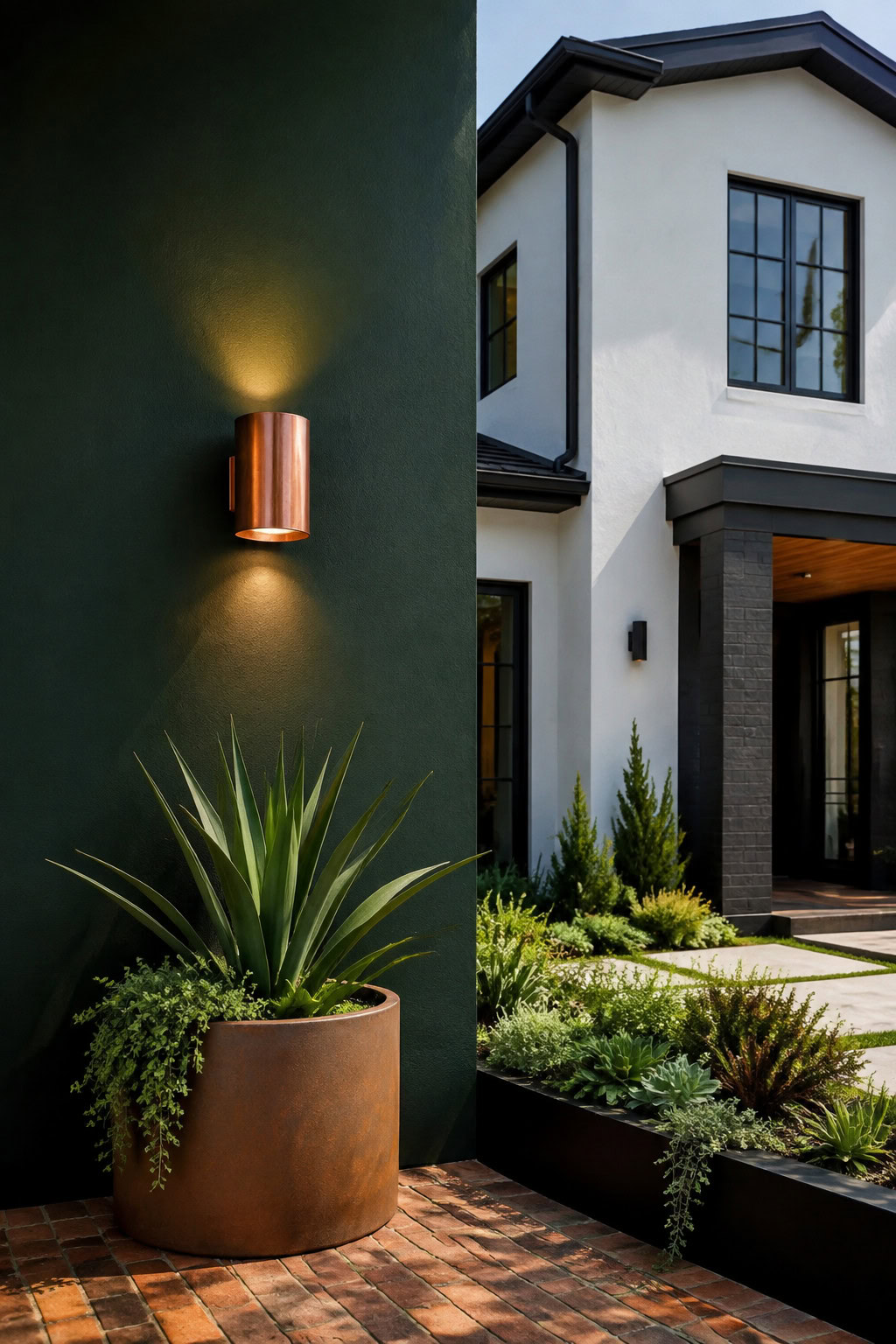 Forest-green accent wall with copper light and modern planter