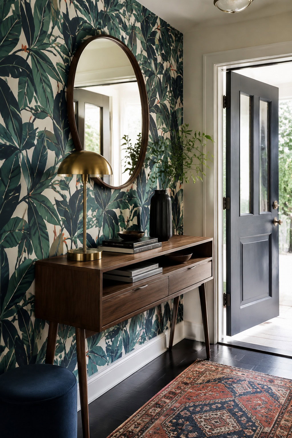 Narrow console against bold emerald and navy wallpaper