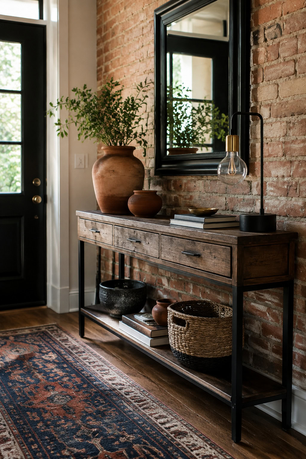 Rustic narrow console combining reclaimed wood and black metal
