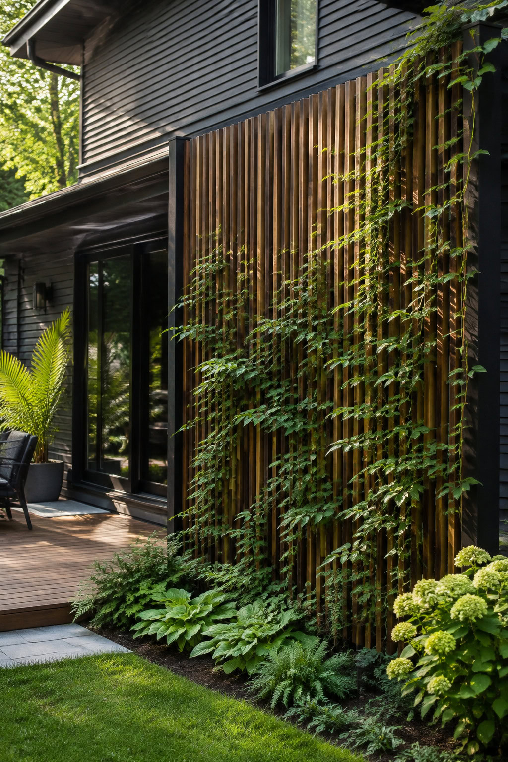 Timber slat privacy screen covered with climbing greenery