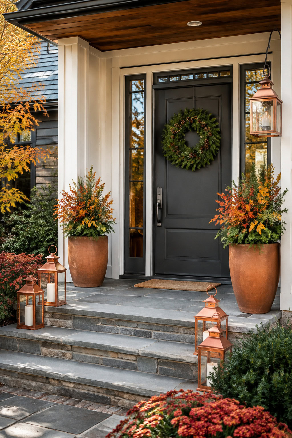 Lively seasonal porch decor with green wreath and copper lanterns