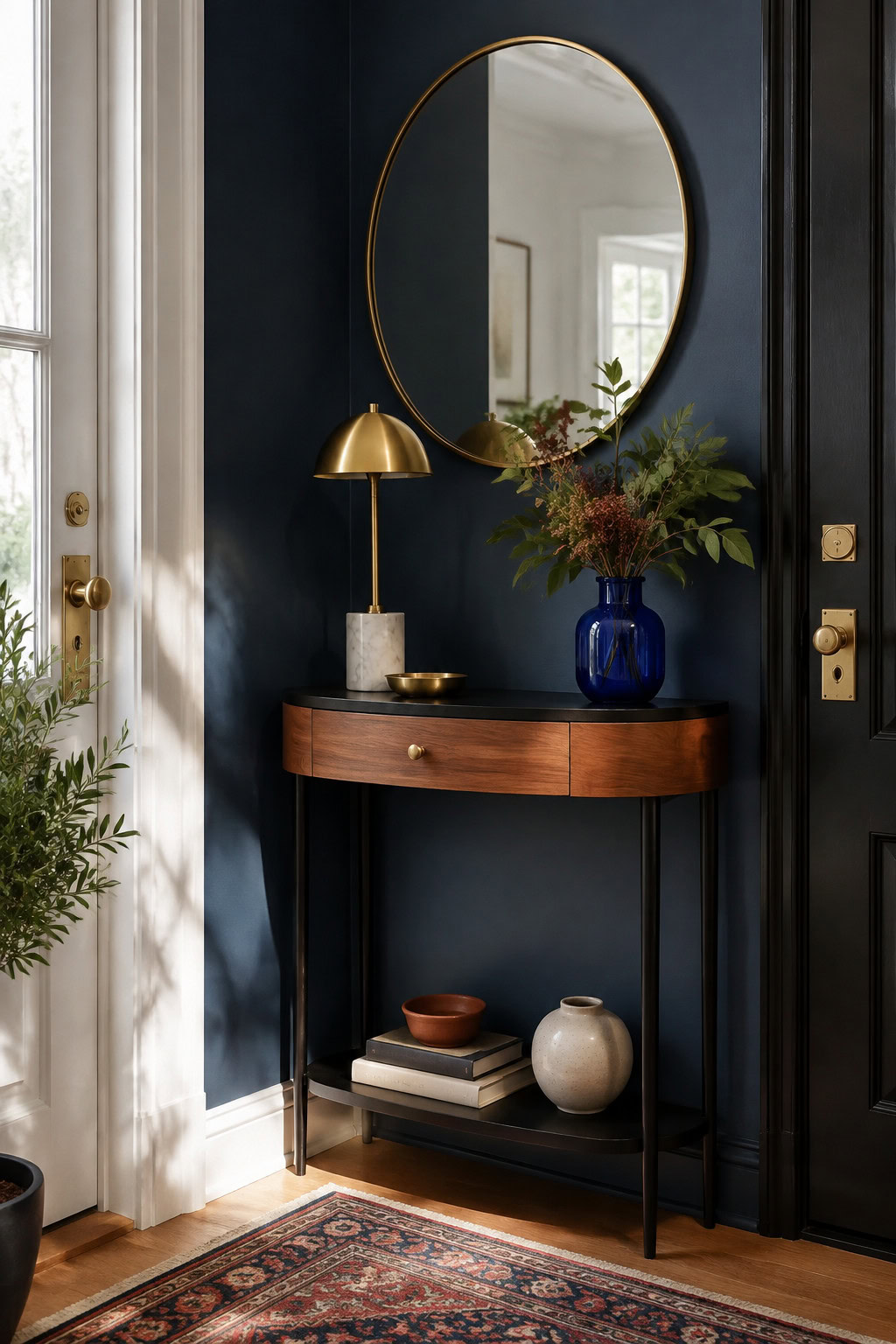 Sleek corner console tucked into a compact entryway