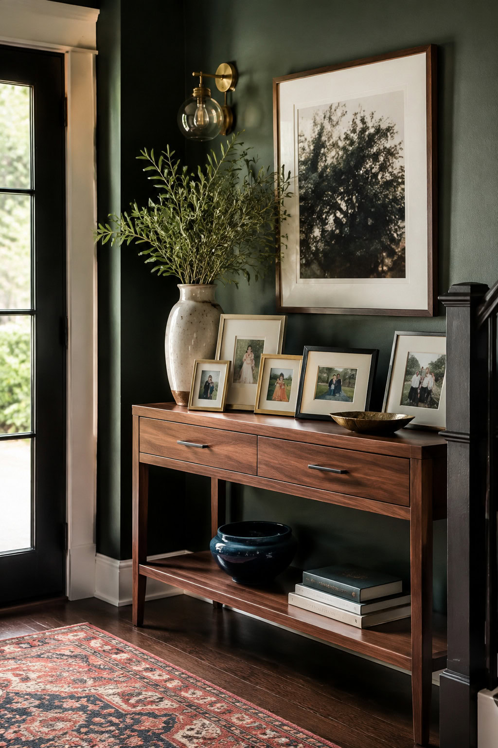 Narrow console with a family-photo display