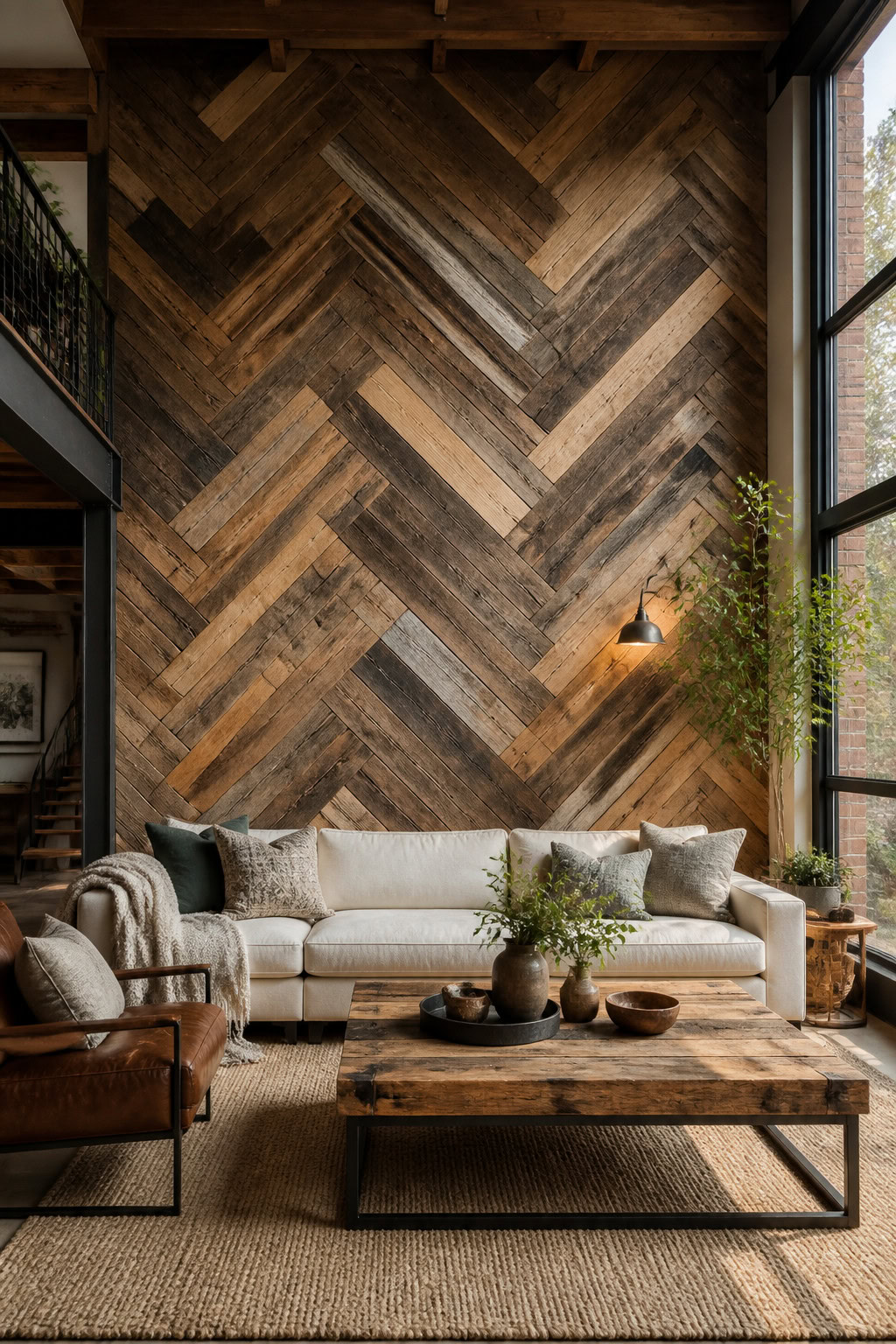 Rustic reclaimed wood panel wall feature