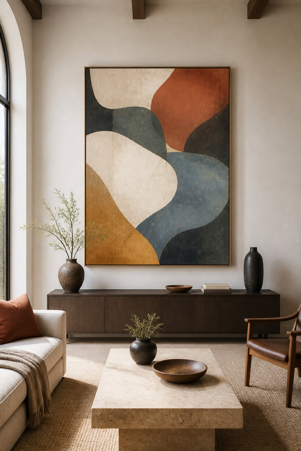 Abstract canvas painting above a living room console