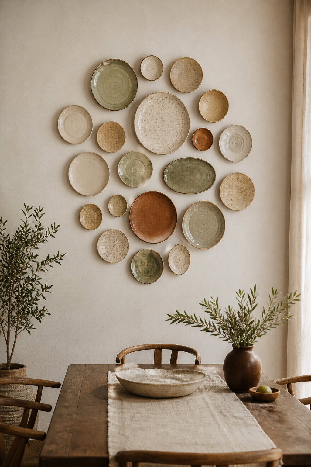 Handmade ceramic plate arrangement on a dining room wall