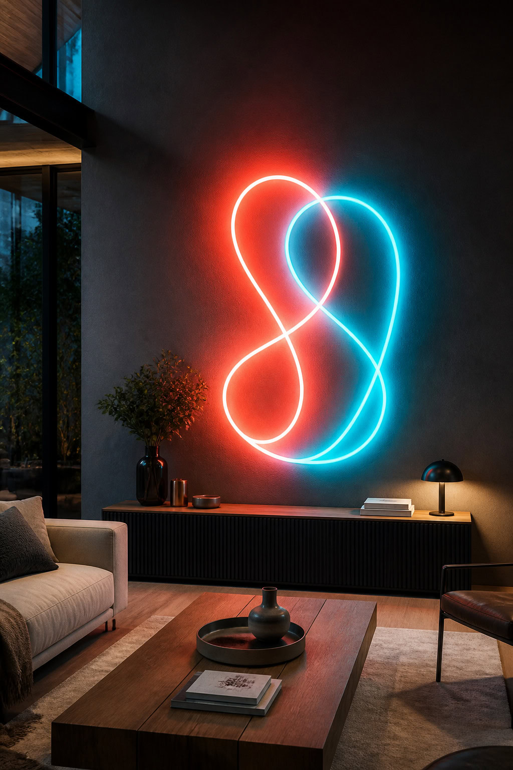 Illuminated neon light sign in a modern lounge