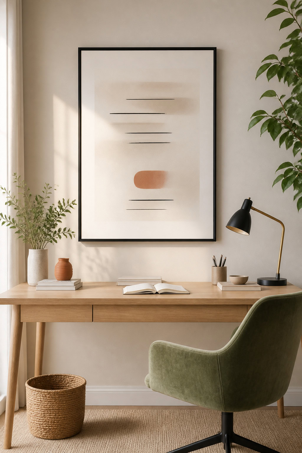 Minimal framed inspirational quote print in a home office